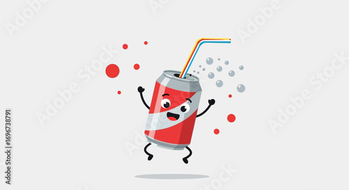 Animated Soda Can Character With A Straw Jumping And Smiling On A White Backdrop
