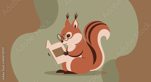 Animated Squirrel Reading With Glasses And Book Against Abstract Brown Background