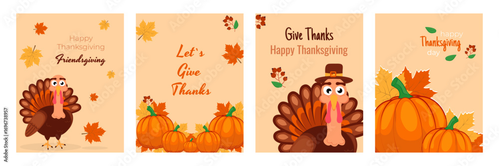 Obraz premium Set of postcards, invitations, Happy Thanksgiving Day, turkey, hat, pumpkin, wheat ears, yellow and orange leaves, red berries, autumn, vector on an autumn background
