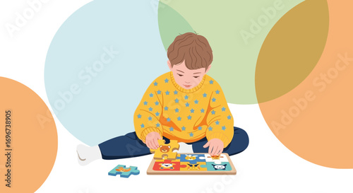 Animated Youngster Completes Puzzle On Floor, A Symbol Of Concentrated Playtime Activity