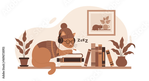 A Relaxed Feline Wearing Headphones, Reading, Resting, and Enjoying the Cozy Atmosphere