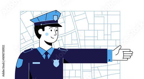 A Police Officer Directing Traffic With City Map Background In Modern Flat Illustration