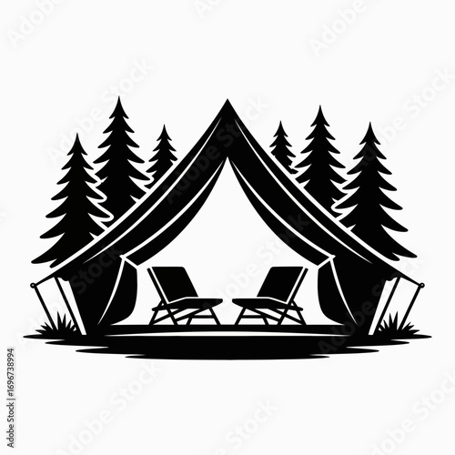 Camping Tent with Chairs and Pine Trees Silhouette Illustration