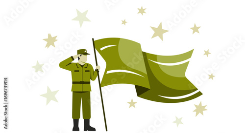 Army Soldier Saluting A Flag With Olive Green Color Scheme And Star Elements