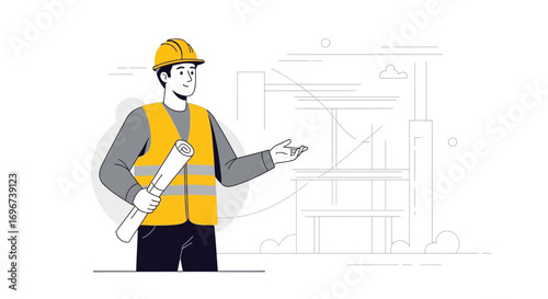 Architect Presenting Building Blueprint and Design Concept in a Modern Construction Project