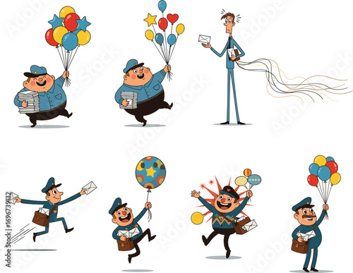Cartoon mail carriers with balloons and letters in playful vector illustration set for postal service, delivery, celebration, and communication design themes