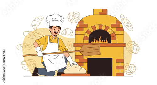 Artisan Baker Displaying Fresh Bread With A Wood-Fired Oven And Decorative Elements