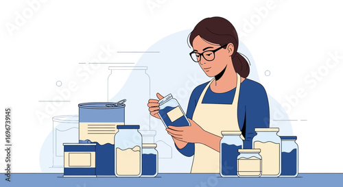 Artisan Assessing Preserved Goods in Jars, Canned Food Against White Background