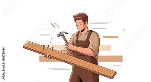Artisan Carpenter Skillfully Using Hammer and Nails Creating Wooden Plank Structure Illustration