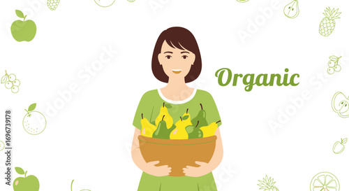 A Smiling Woman Holding a Basket Filled With Freshly Harvested Pears for Organic Food