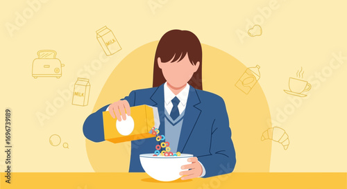 A Student Starts Her Day With Breakfast, Cereal in a Bowl With Milk