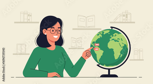 A Teacher is Indicating A Location On A Globe, Illustrated Education Concept