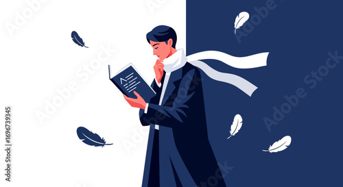 A Thoughtful Reader Surrounded by Falling Light Feathers, Contemplating Knowledge