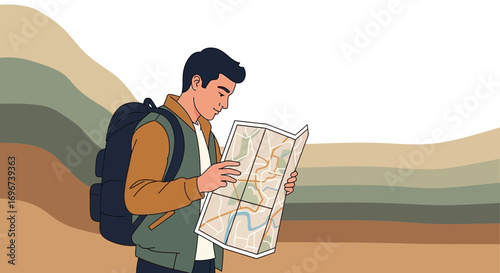 A Traveler Analyzing A Map, Seeking Directions Outdoors For Adventure And Exploration