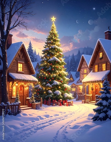 A picturesque winter scene showcases a beautifully decorated Christmas tree in a charming snowy village at dusk.