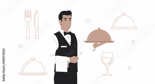 A Well-Dressed Server Presents Dinnerware and Gourmet Meal in a Restaurant Setting