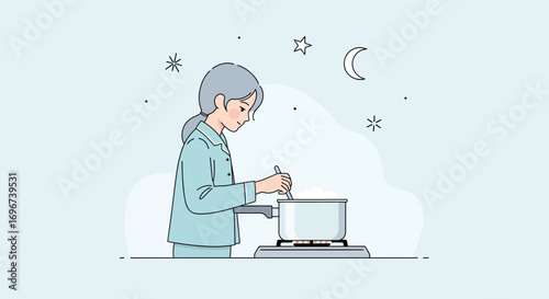 A Woman Cooking Overnight Meal under Starry Sky, Simple Lifestyle in the Night