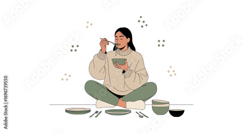 A Woman Enjoying a Meal While Seated, An Artistic Depiction in Simple Style