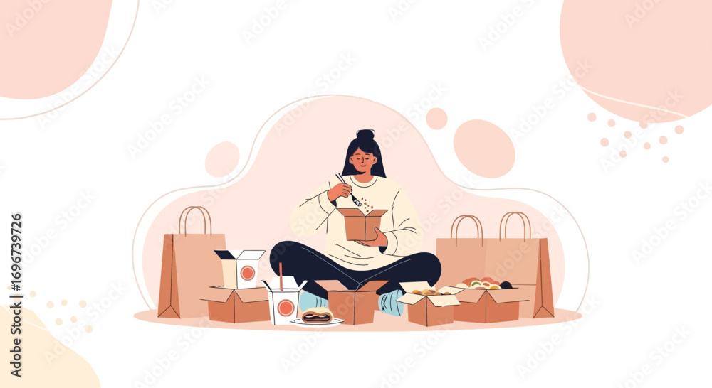 Obraz premium A Woman Relaxes Enjoying Takeout Food Amidst Shopping Goodies, Illustrated