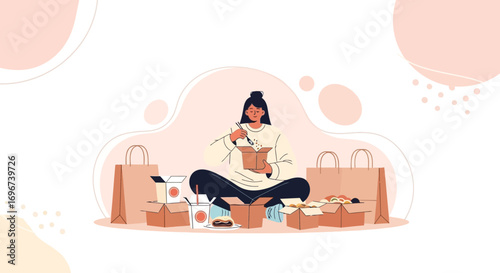 A Woman Relaxes Enjoying Takeout Food Amidst Shopping Goodies, Illustrated