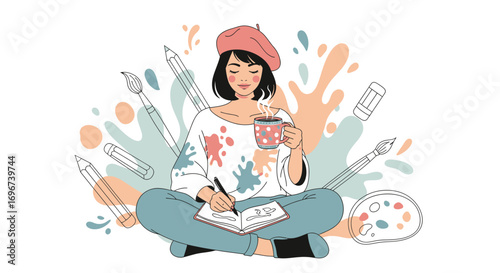 Artist Relaxing While Sketching And Drinking Hot Beverage With Creative Tools On White Background