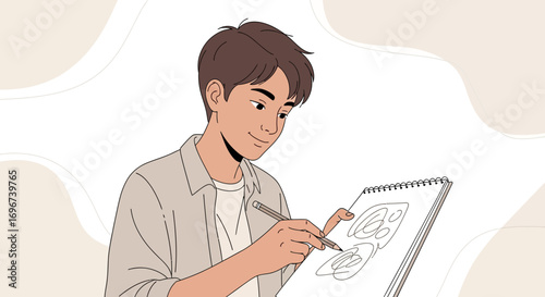 Artist Sketching Abstract Designs in A Modern Style with Light Colors and Clean Lines