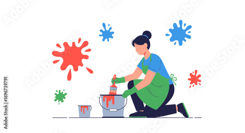 Artist With Palette, Brushes, And Paint Makes Artwork With Splashes And Colors On White
