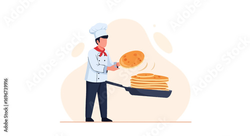 Artistic Chef Flipping Pancake, Promoting Delicious Breakfast Preparations With Tasty Dessert