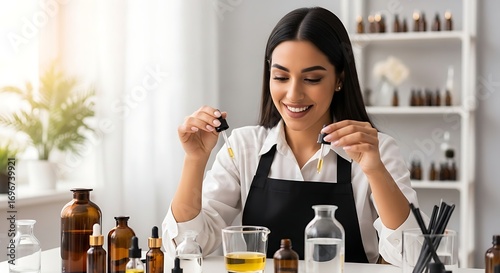Smiling young woman crafting natural essential oils or perfume, holding droppers. Her white table is set with amber bottles, beakers, and ingredients for aromatherapy and DIY beauty.
