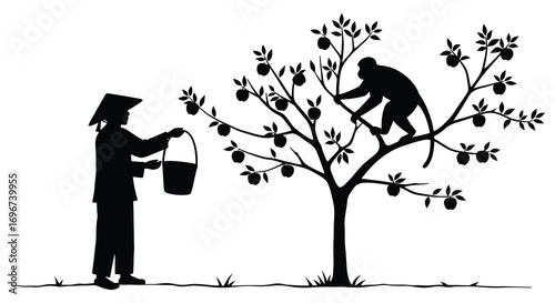 farmers picking apples from tree with buckets silhouette