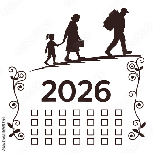 Silhouette of family migrating with 2026 calendar and decorative elements migration
