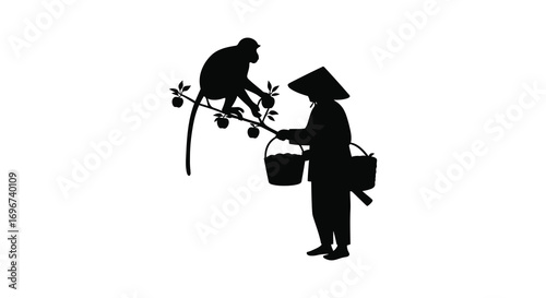 farmer picking fruit from tree with bird watching silhouette