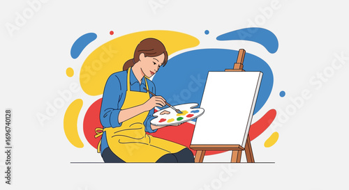 Artistic Expression: A Woman Painting on Canvas with Vibrant Color Palette and Easel