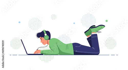 A Young Man Enjoys Music While Working Leisurely on a Laptop in a Peaceful Environment