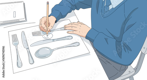 Artistic Hand Drawing Cutlery Designs with Pencil on White Paper, Illustration, Creative Art