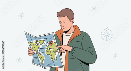 A Young Man Navigates a World Map to Plan Future Travel and Adventures