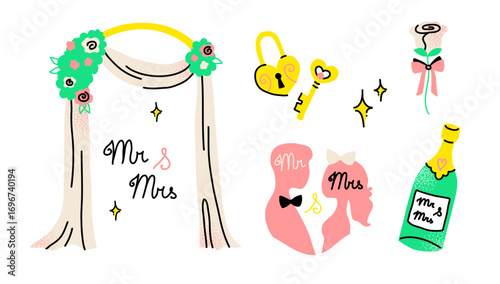 A charming collection of wedding essentials for your special day. Creative festive items celebrate a love story, featuring romantic symbols like a bouquet, wedding rings, and a tiered cake.