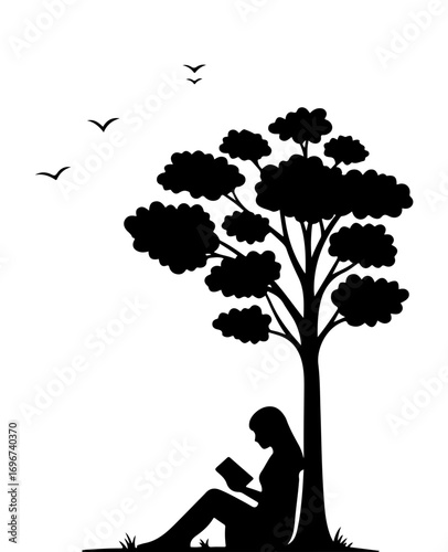 Serene reader silhouette under a peaceful tree, enjoying nature's quiet beauty and escape