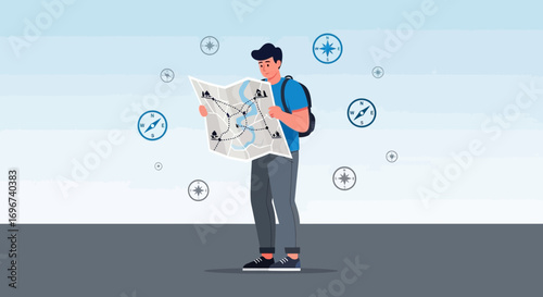 A Young Traveler Exploring A Detailed Map Surrounded By Compass Symbols