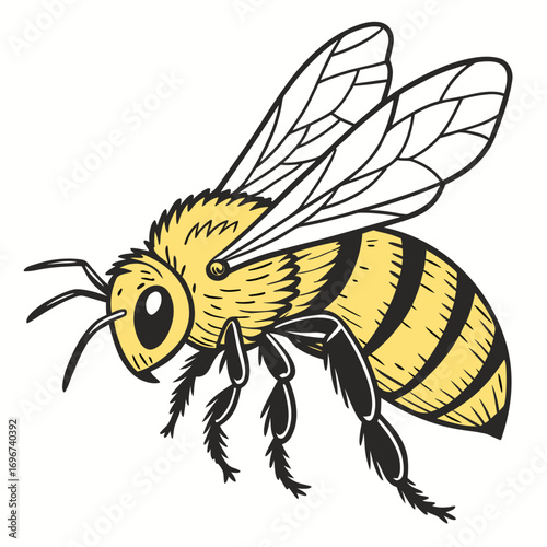 Handdrawn illustration of a yellow and black striped bee with detailed wings and legs