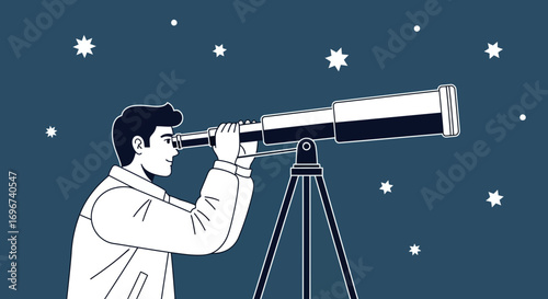 Astronomy Enthusiast Observing Celestial Phenomena Using a Telescope Under a Starry Night