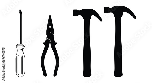 various tools lined up neatly showing screwdriver pliers hammers silhouette