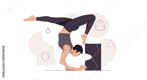 Athlete Acrobat Performing Difficult Balance Pose on Geometric Shape with Minimalist Design