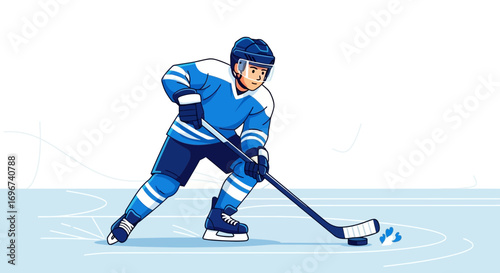 Action Hockey Illustration: A Dynamic Player Driving Towards The Puck On Ice