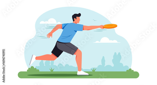 Active Man Throws Frisbee In The Park During A Sunny Day, Playful Sport Activity