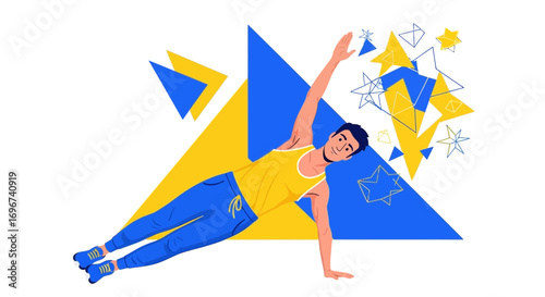 Active Man Performing Side Plank Exercise with Geometric Pattern Design for Fitness Concepts