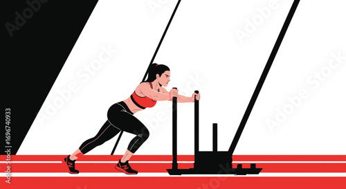Athlete Demonstrating Strength, Pushing Sled Outdoors For Physical Fitness And Training.