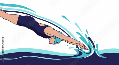 Athlete Diving Into the Water with Dynamic Waves and Splashes in Swimming Competition