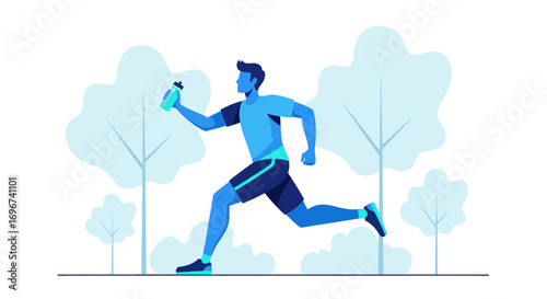 Athlete Jogger Drinking Water While Running Amidst The Trees in A Calm, Blue Hues