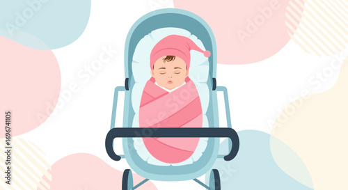 Adorable Baby Asleep in Stroller: A Peaceful Illustration of Childhood Innocence
